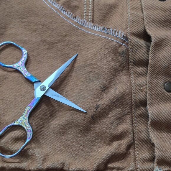 Vtg Edwin Company Ltd Montana Jacket Men L Burnt Orange Denim Oversize Crop FLAW - Picture 12 of 16